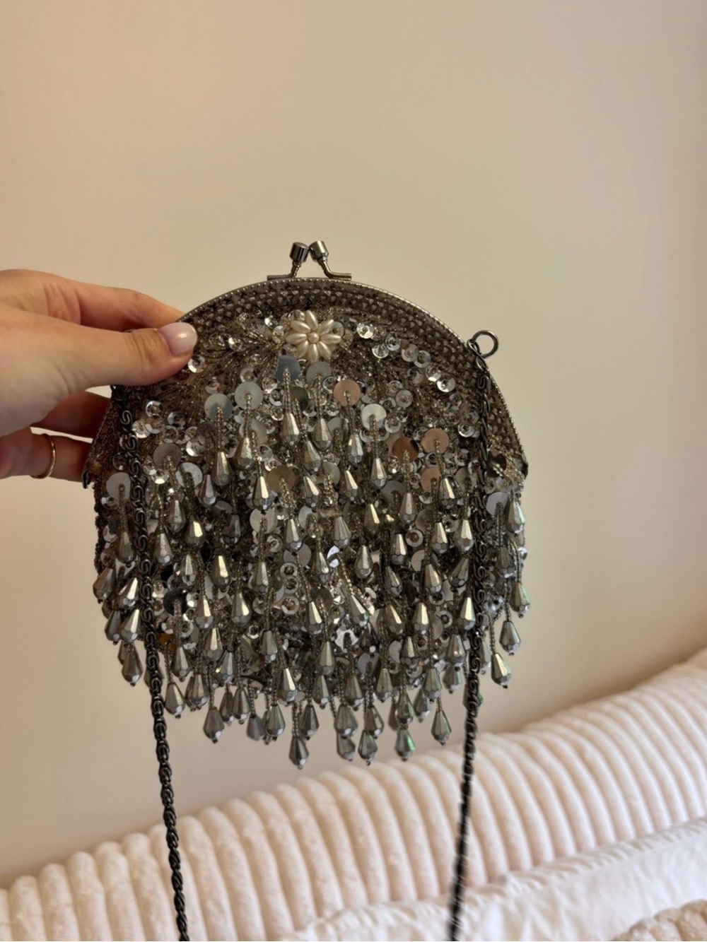 Beaded Silver Vintage Pouch Bag